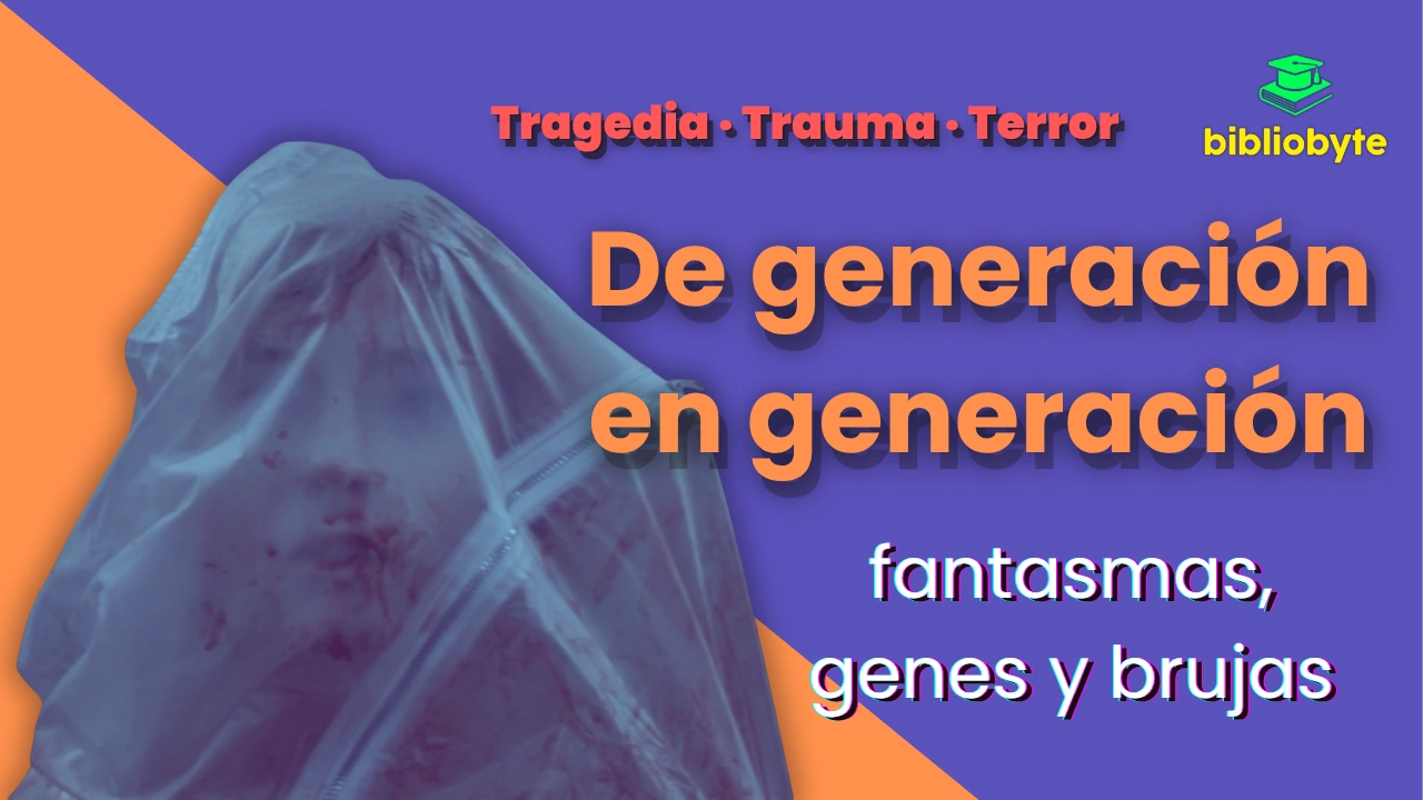 Portada del artículo ‘De generación en generación’: figura velada sobre fondo lila; tipografía ‘fantasmas, genes y brujas’ en paleta neón lila/verde/amarillo.
