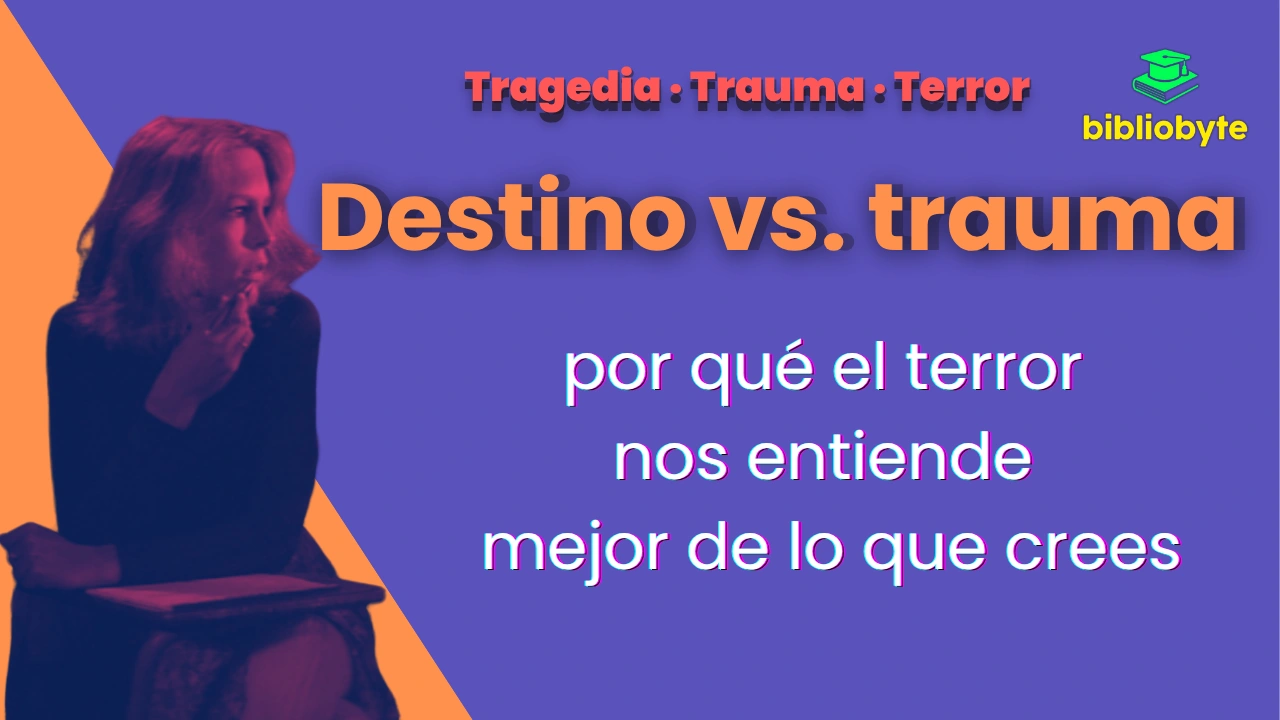 Portada del artículo ‘Destino vs. trauma’: silueta en aula y gran titular sobre fondo lila; diseño del ciclo Tragedia · Trauma · Terror de Bibliobyte.