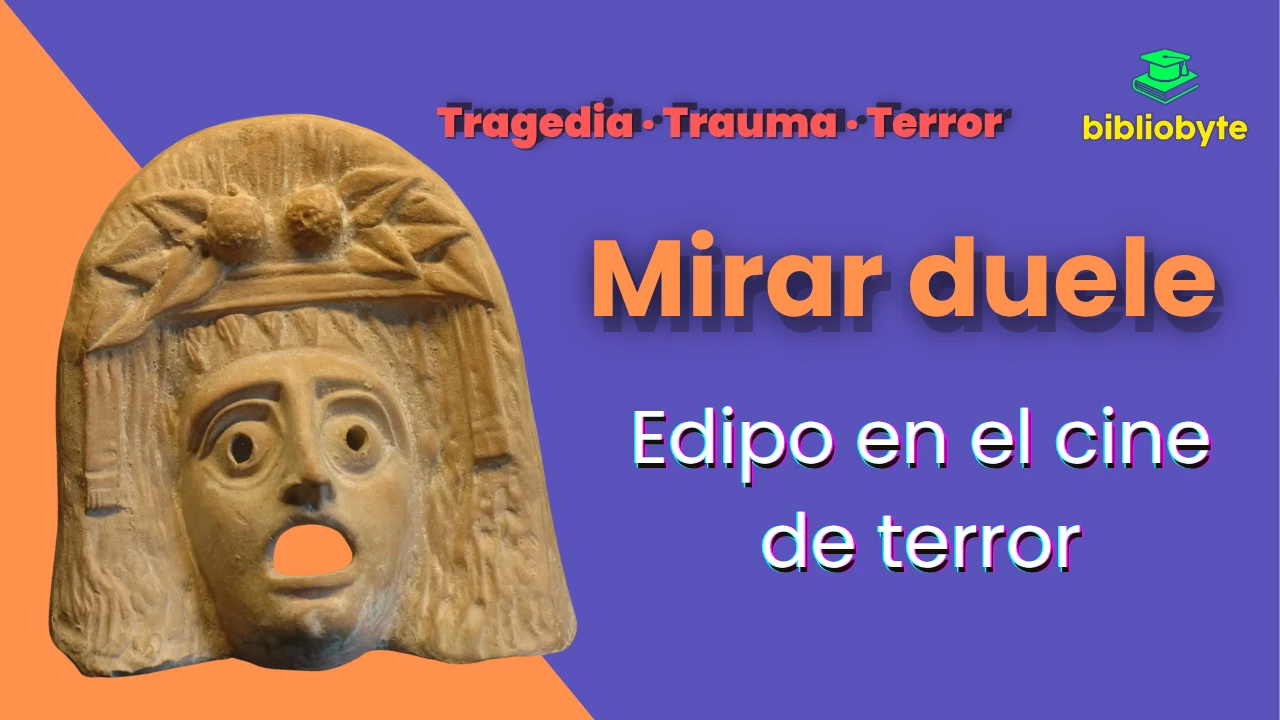 Portada del artículo ‘Mirar duele’: máscara trágica en primer plano y gran titular sobre fondo lila; diseño del ciclo Tragedia · Trauma · Terror de Bibliobyte.