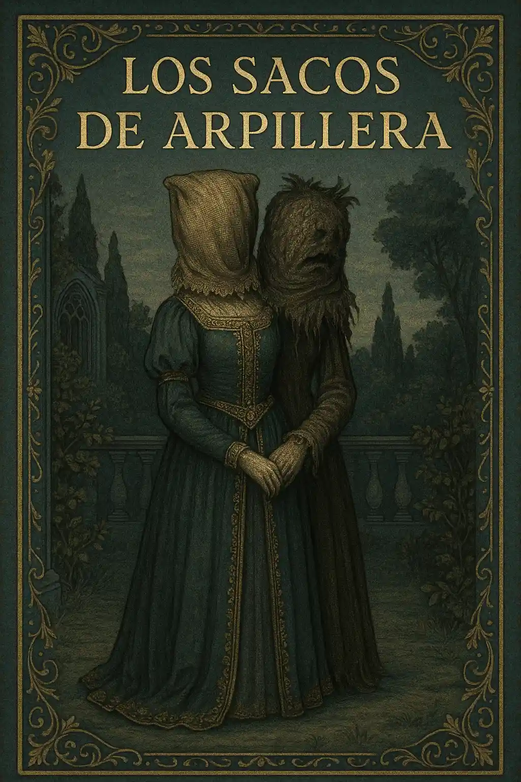 Ilustración gótica de dos figuras con sacos en la cabeza...